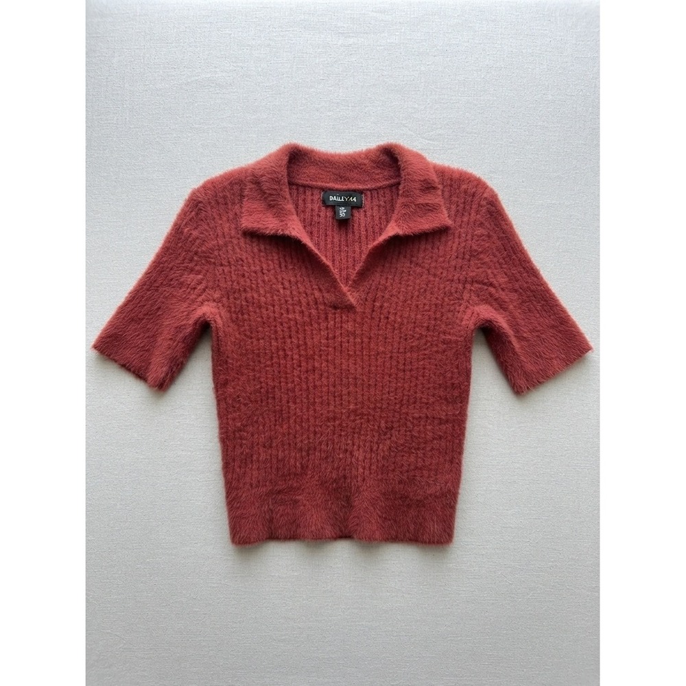 Anthropologie Bailey 44 Fuzzy Knit Short Sleeve Polo Sweater Ribbed Rust Medium - Picture 2 of 7
